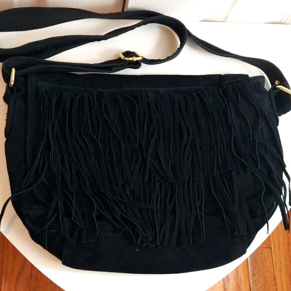 Steve Madden Black Suede Fringe Crossbody Satchel - Picture 1 of 16